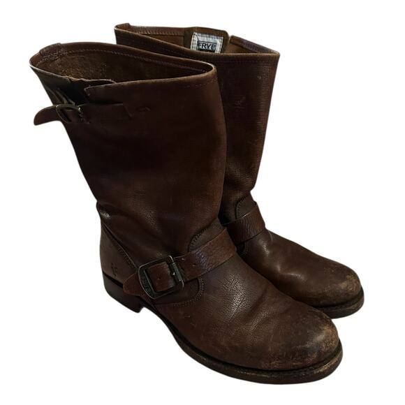 Women 8 Frye Veronica Flex Short Boots Walnut Brown Leather Pull-On Riding Moto - Picture 1 of 12